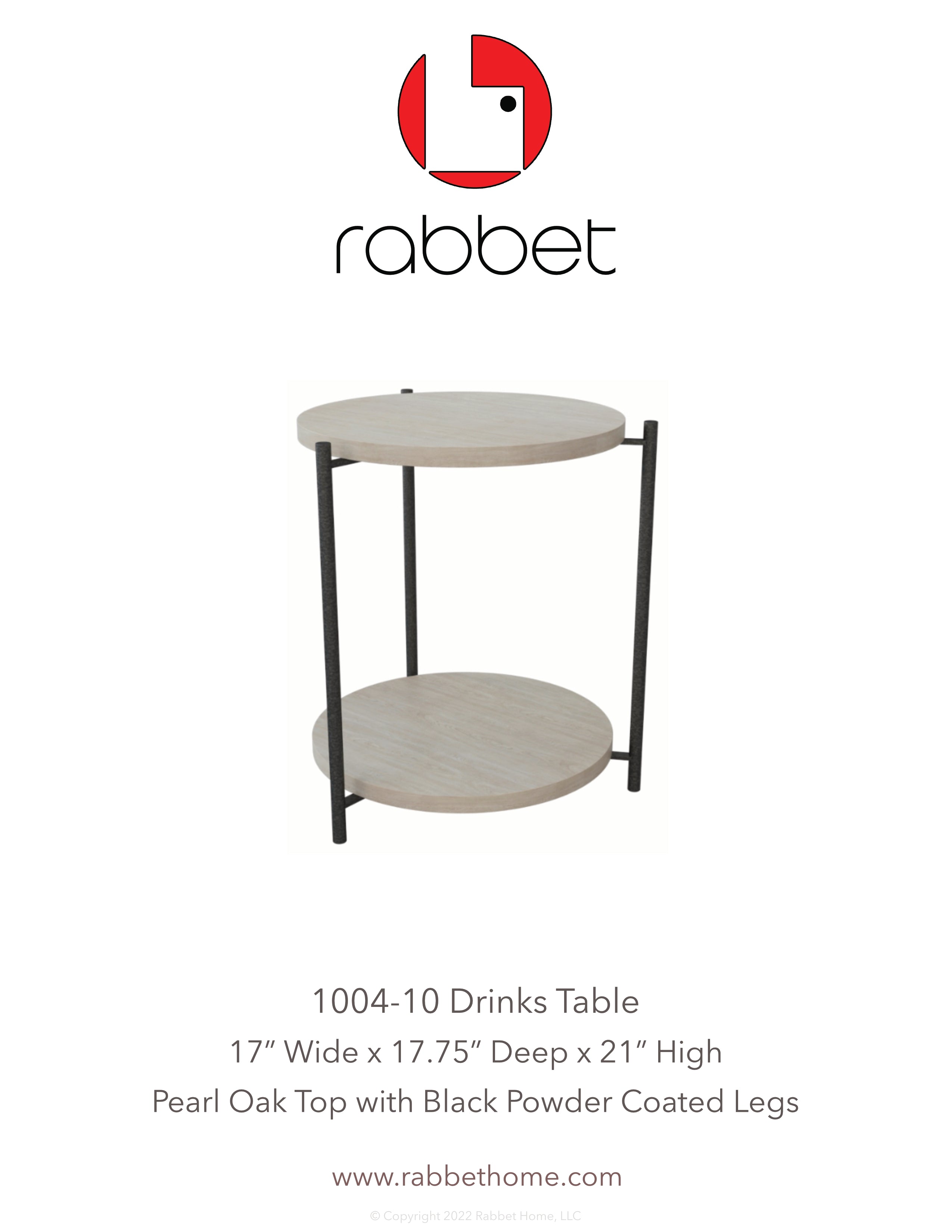 Rabbet Home 1004-10 Drinks Table tear sheet shown in Pear Oak.
