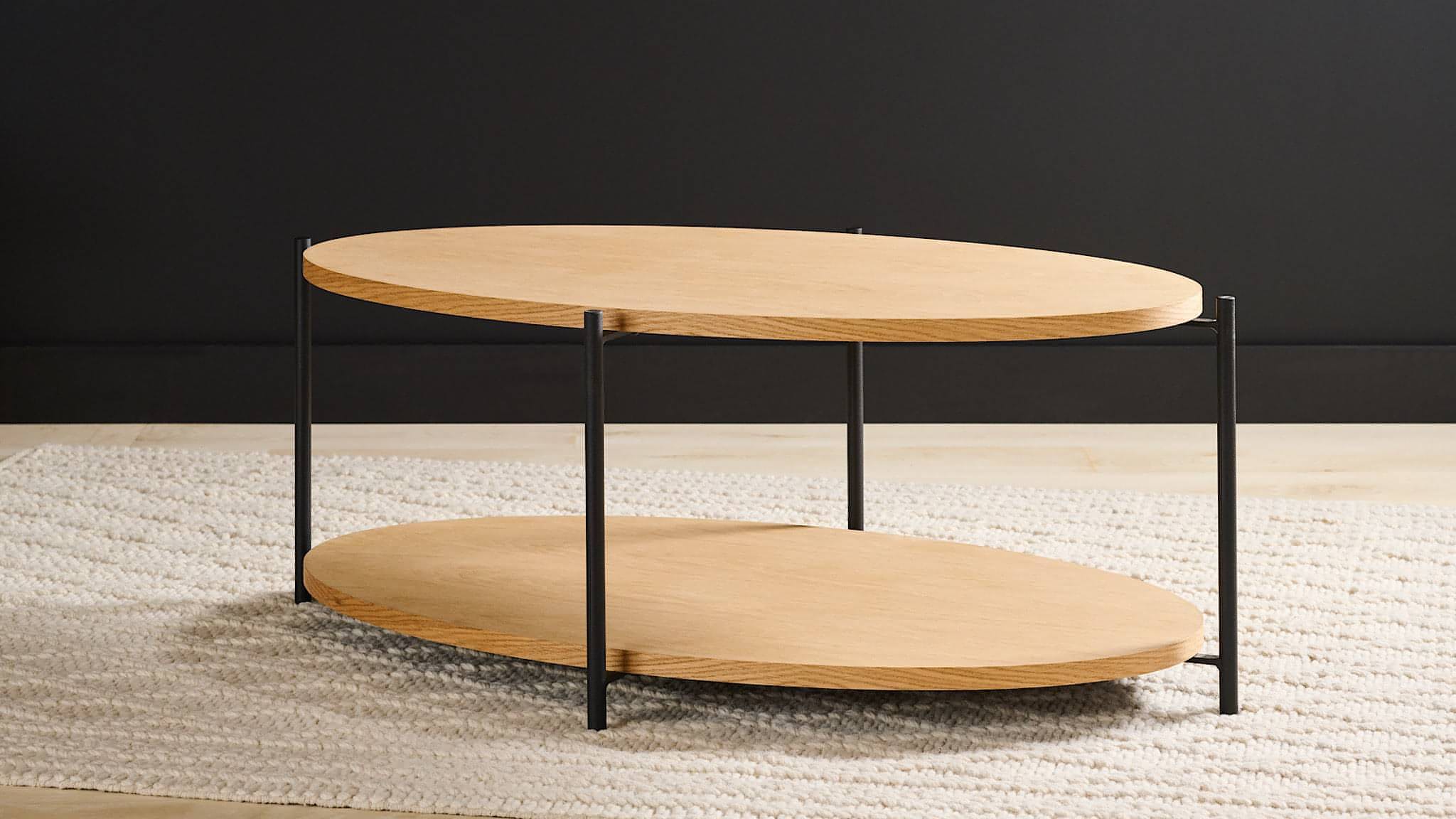Rabbet Home 1004-20 Cocktail Table shown in tung oil oak, hero shot.