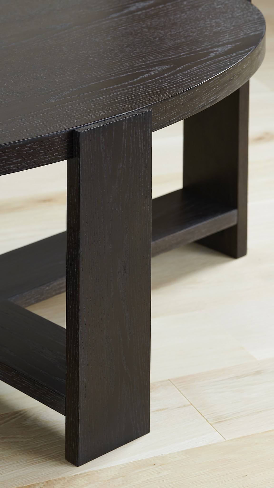 Rabbet Home 1005-20 Cocktail Table Dark Oak Veneered Tops Dark Solid Oak Legs Closeup 3